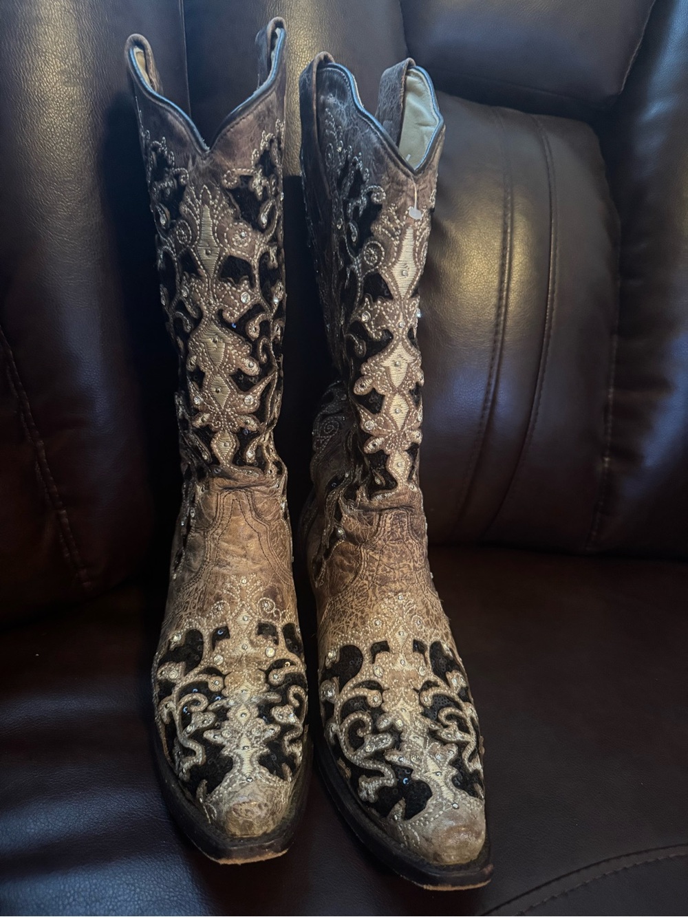 Corral Embroidered & Embellished Leather Heeled Boots in Black and Tan, Size 9